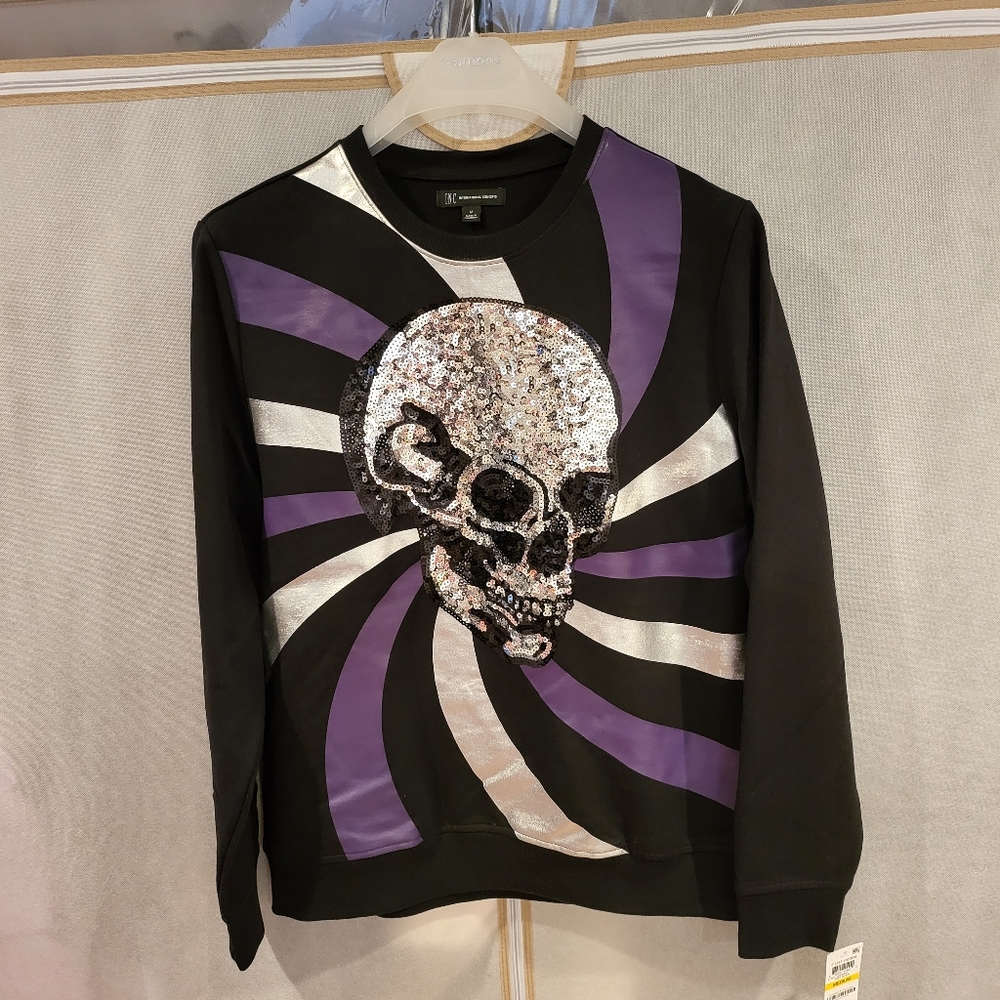 INC Sequin Skull Stripe Crewneck